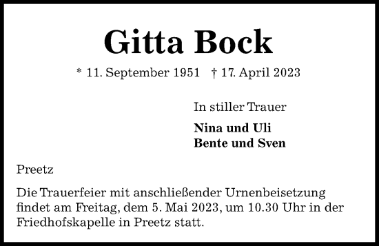 Traueranzeige von Gitta Bock von Kieler Nachrichten