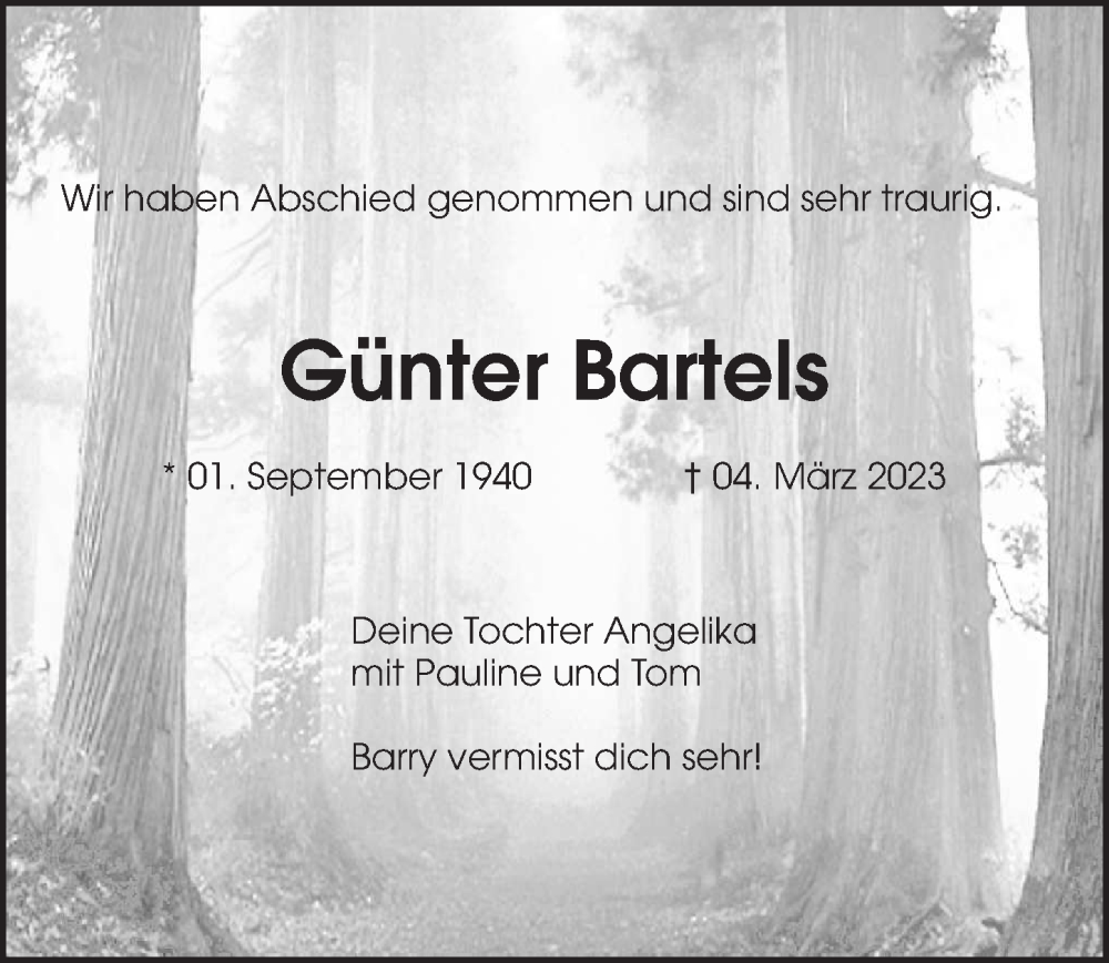  Traueranzeige für Günter Bartels vom 22.04.2023 aus Hannoversche Allgemeine Zeitung/Neue Presse