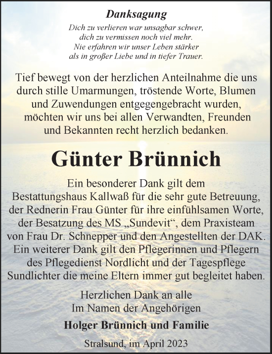 Traueranzeige von Günter Brünnich von Ostsee-Zeitung GmbH