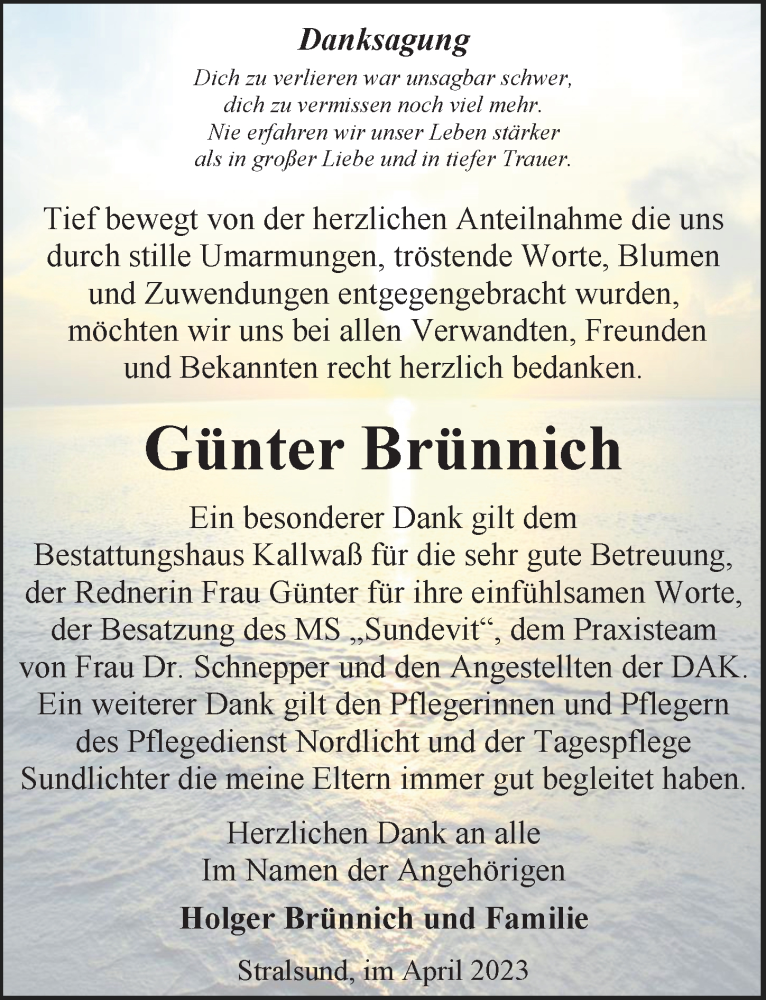  Traueranzeige für Günter Brünnich vom 22.04.2023 aus Ostsee-Zeitung GmbH