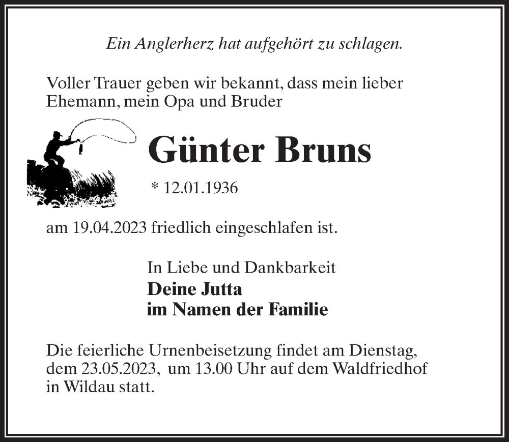  Traueranzeige für Günter Bruns vom 22.04.2023 aus Märkischen Allgemeine Zeitung