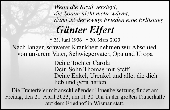 Traueranzeige von Günter Elfert von Ostsee-Zeitung GmbH