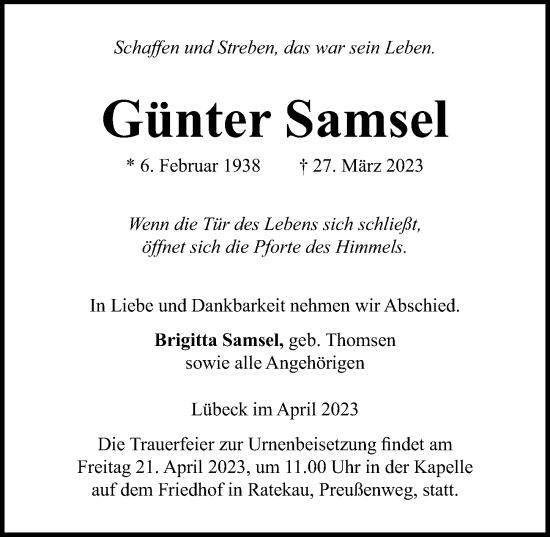 Traueranzeige von Günter Samsel von Lübecker Nachrichten