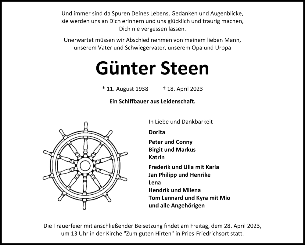  Traueranzeige für Günter Steen vom 22.04.2023 aus Kieler Nachrichten