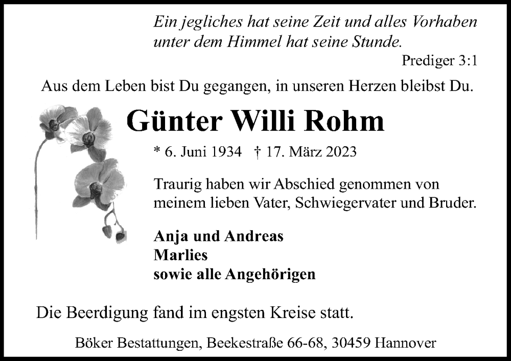  Traueranzeige für Günter Willi Rohm vom 08.04.2023 aus Hannoversche Allgemeine Zeitung/Neue Presse