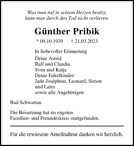 Traueranzeige von Günther Pribik von Lübecker Nachrichten