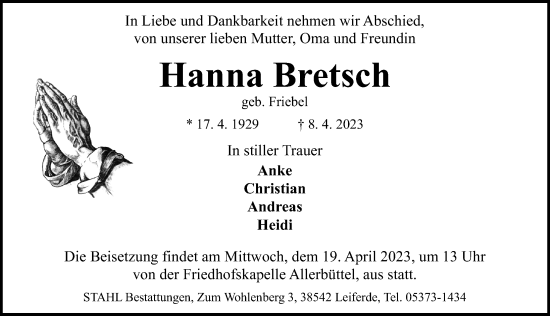 Traueranzeige von Hanna Bretsch von Aller Zeitung