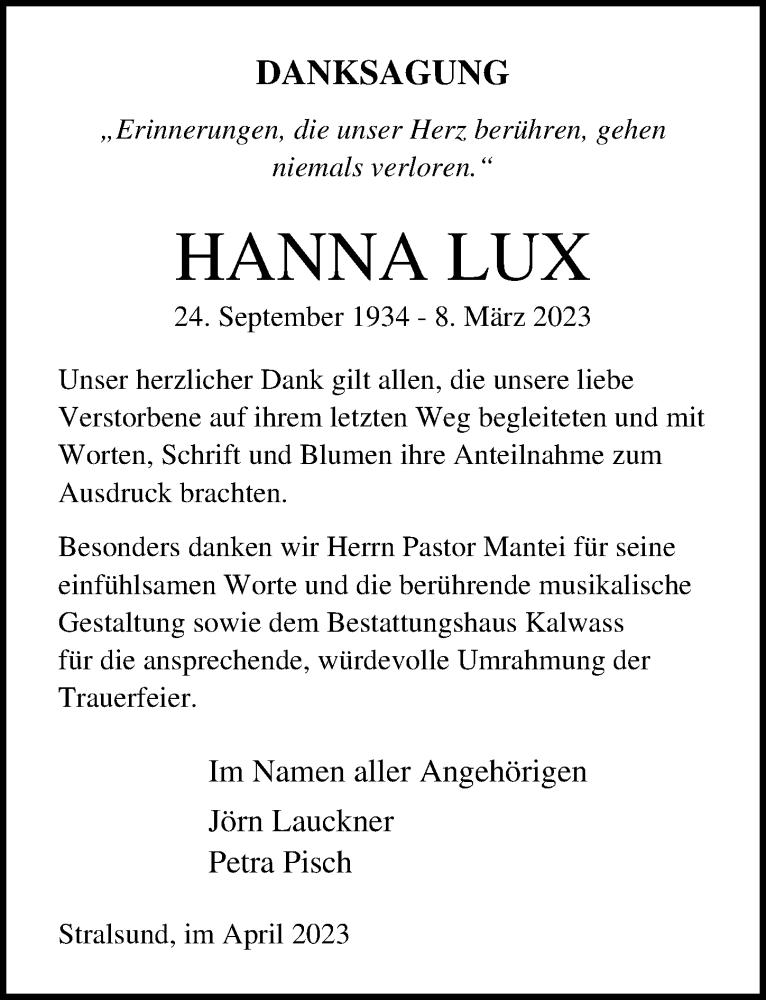  Traueranzeige für Hanna Lux vom 29.04.2023 aus Ostsee-Zeitung GmbH