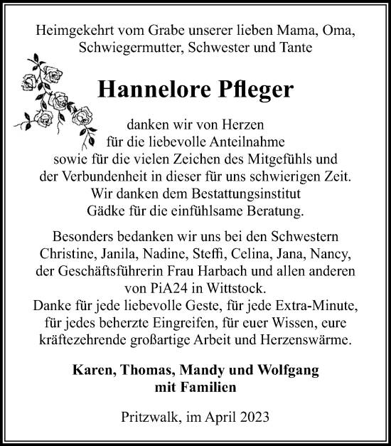 Traueranzeige von Hannelore Pfleger von Märkischen Allgemeine Zeitung