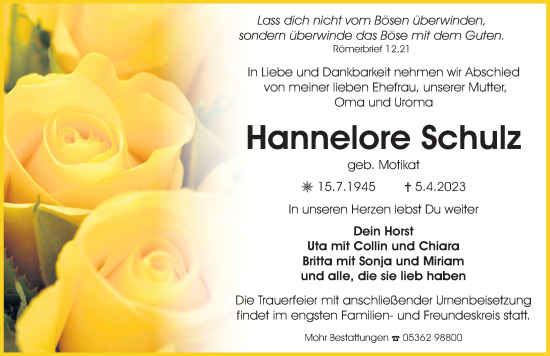 Traueranzeige von Hannelore Schulz von Aller Zeitung