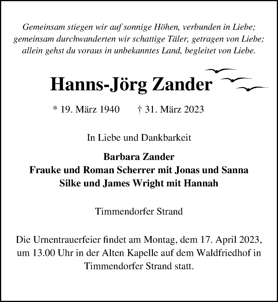  Traueranzeige für Hanns-Jörg Zander vom 12.04.2023 aus Lübecker Nachrichten