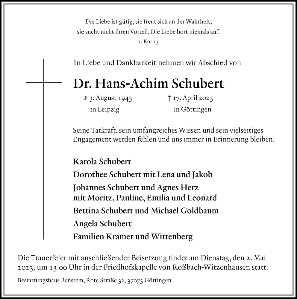  Traueranzeige für Hans-Achim Schubert vom 29.04.2023 aus Göttinger Tageblatt