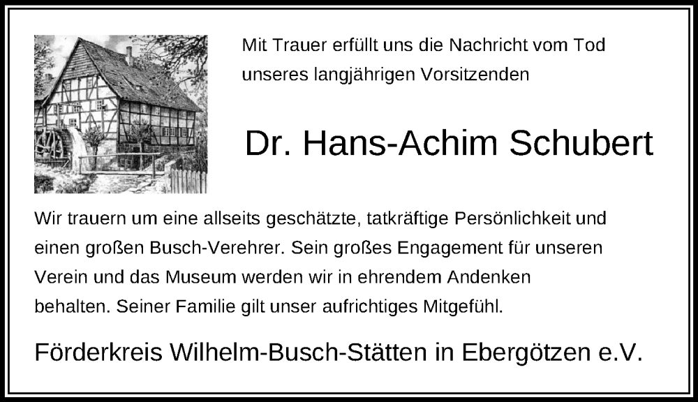  Traueranzeige für Hans-Achim Schubert vom 29.04.2023 aus Göttinger Tageblatt