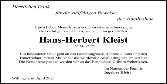 Traueranzeige von Hans-Herbert Kleist von Aller Zeitung