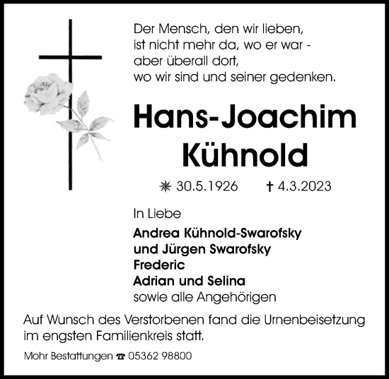 Traueranzeige von Hans-Joachim Kühnold von Aller Zeitung