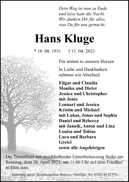 Traueranzeige von Hans Kluge von Aller Zeitung