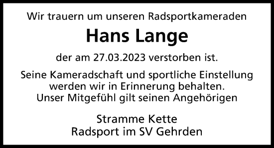 Traueranzeige von Hans Lange von Hannoversche Allgemeine Zeitung/Neue Presse