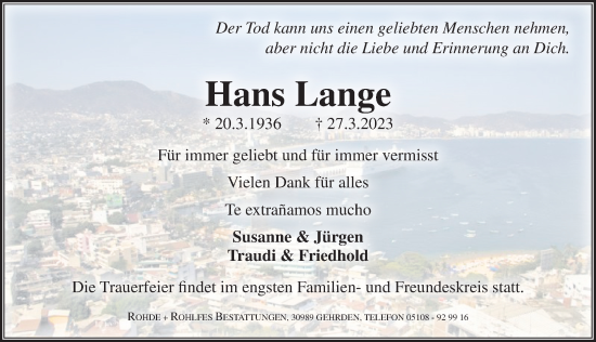 Traueranzeige von Hans Lange von Hannoversche Allgemeine Zeitung/Neue Presse