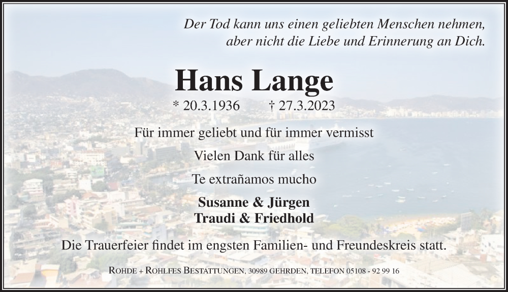  Traueranzeige für Hans Lange vom 01.04.2023 aus Hannoversche Allgemeine Zeitung/Neue Presse