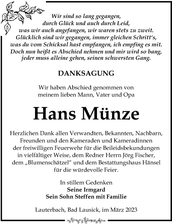 Traueranzeige von Hans Münze von Leipziger Volkszeitung