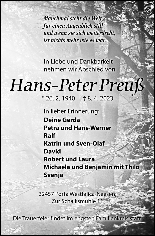  Traueranzeige für Hans-Peter Preuß vom 15.04.2023 aus Leipziger Volkszeitung