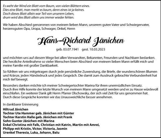 Traueranzeige von Hans-Richard Jänichen von Leipziger Volkszeitung
