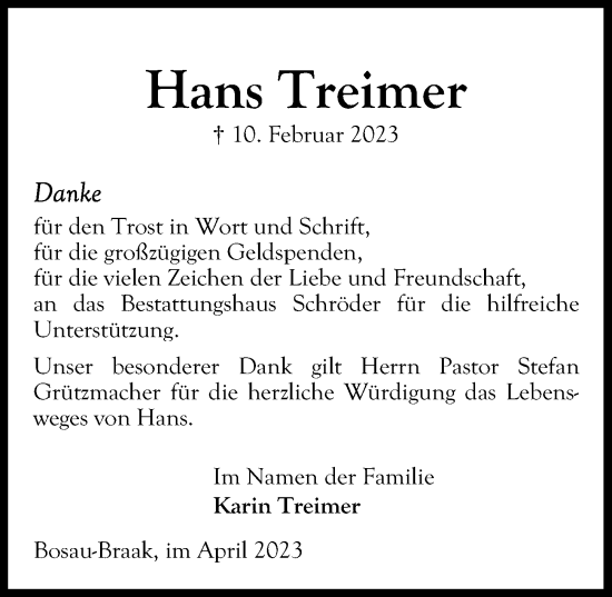 Traueranzeige von Hans Treimer von Lübecker Nachrichten