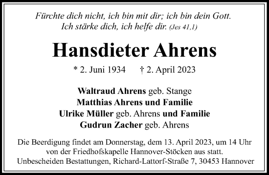 Traueranzeige von Hansdieter Ahrens von Hannoversche Allgemeine Zeitung/Neue Presse