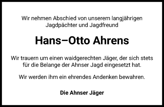 Traueranzeige von Hans Otto Ahrens von Aller Zeitung
