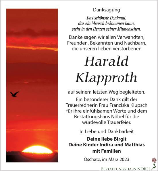 Traueranzeige von Harald Klapproth von Leipziger Volkszeitung