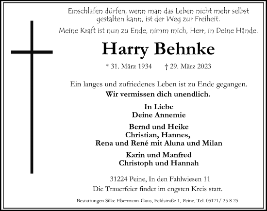 Traueranzeige von Harry Behnke von Peiner Allgemeine Zeitung