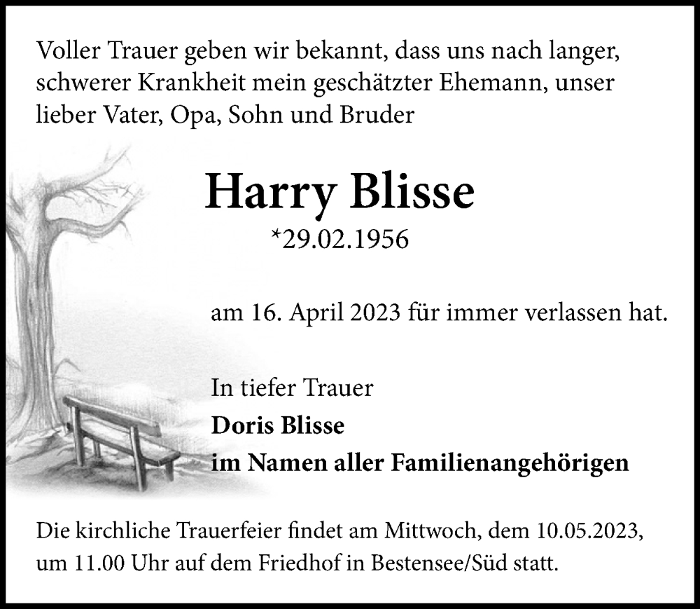  Traueranzeige für Harry Blisse vom 22.04.2023 aus Märkischen Allgemeine Zeitung