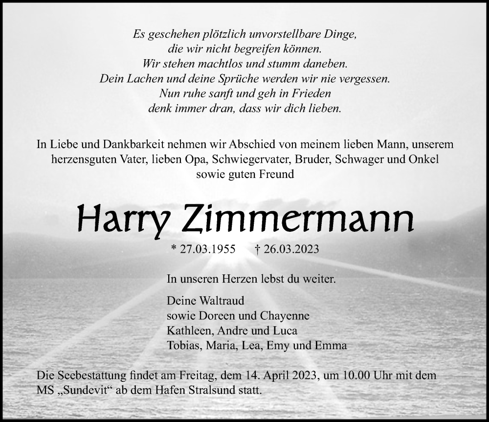  Traueranzeige für Harry Zimmermann vom 01.04.2023 aus Ostsee-Zeitung GmbH