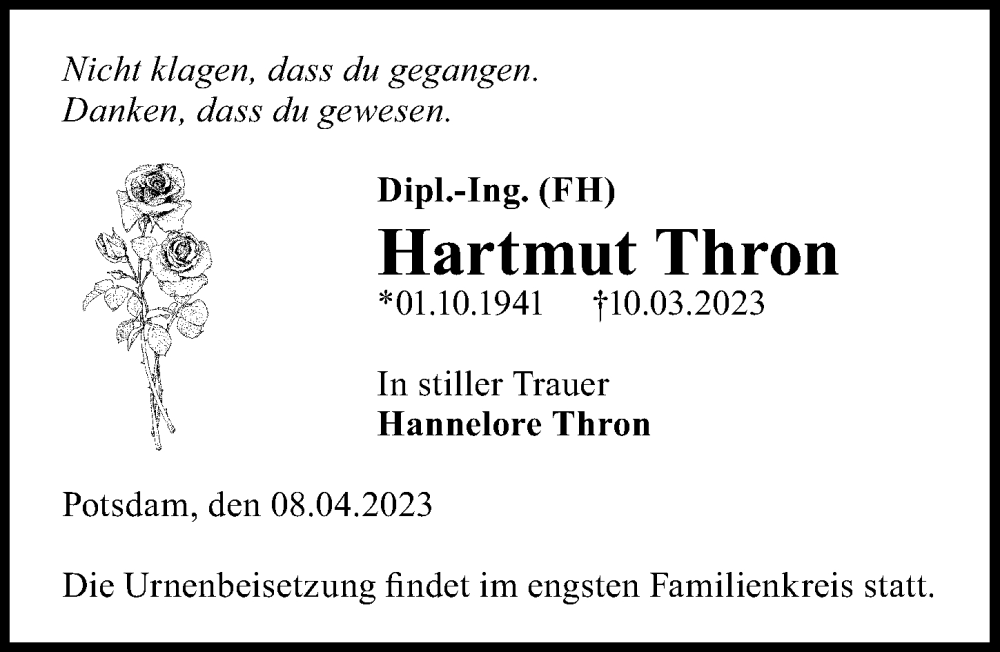  Traueranzeige für Hartmut Thron vom 08.04.2023 aus Märkischen Allgemeine Zeitung