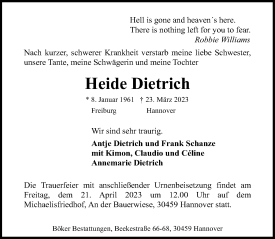 Traueranzeige von Heide Dietrich von Hannoversche Allgemeine Zeitung/Neue Presse