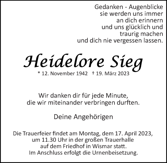 Traueranzeige von Heidelore Sieg von Ostsee-Zeitung GmbH