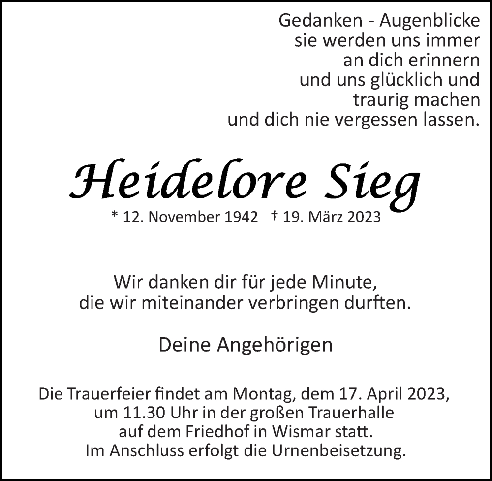  Traueranzeige für Heidelore Sieg vom 08.04.2023 aus Ostsee-Zeitung GmbH