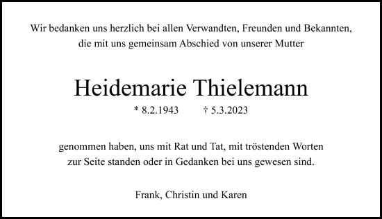 Traueranzeige von Heidemarie Thielemann von Ostsee-Zeitung GmbH