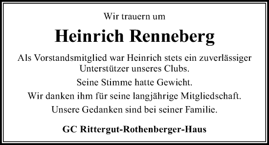 Traueranzeige von Heinrich Renneberg von Göttinger Tageblatt
