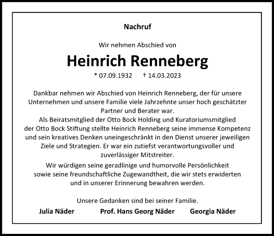 Traueranzeige von Heinrich Renneberg von Göttinger Tageblatt