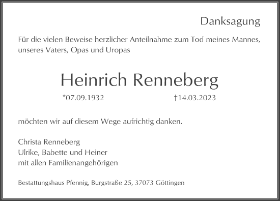 Traueranzeige von Heinrich Renneberg von Göttinger Tageblatt