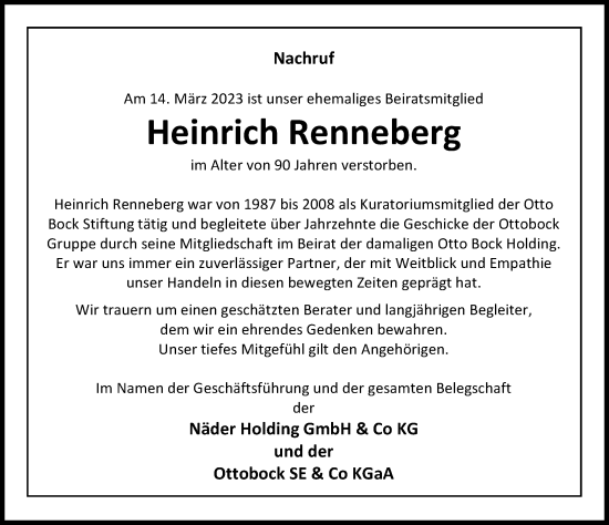 Traueranzeige von Heinrich Renneberg von Göttinger Tageblatt
