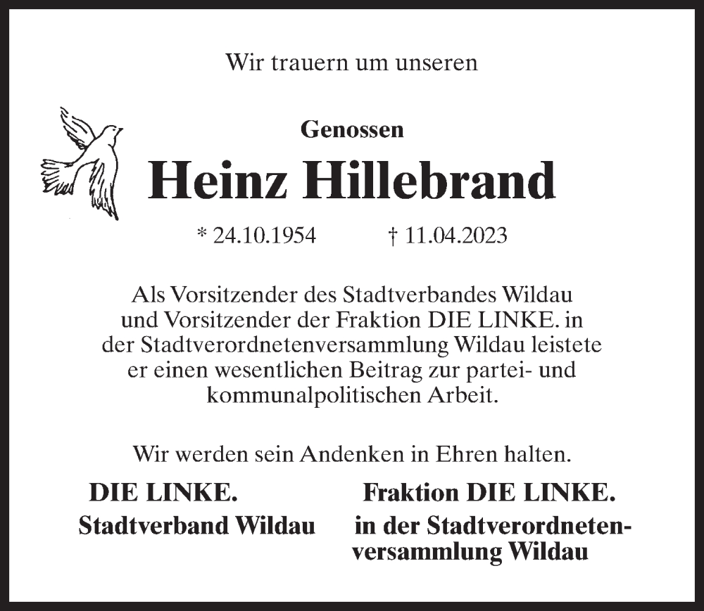  Traueranzeige für Heinz Hillebrand vom 22.04.2023 aus Märkischen Allgemeine Zeitung