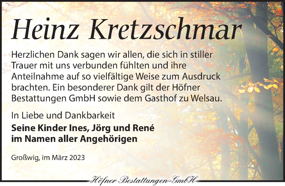  Traueranzeige für Heinz Kretzschmar vom 01.04.2023 aus Torgauer Zeitung