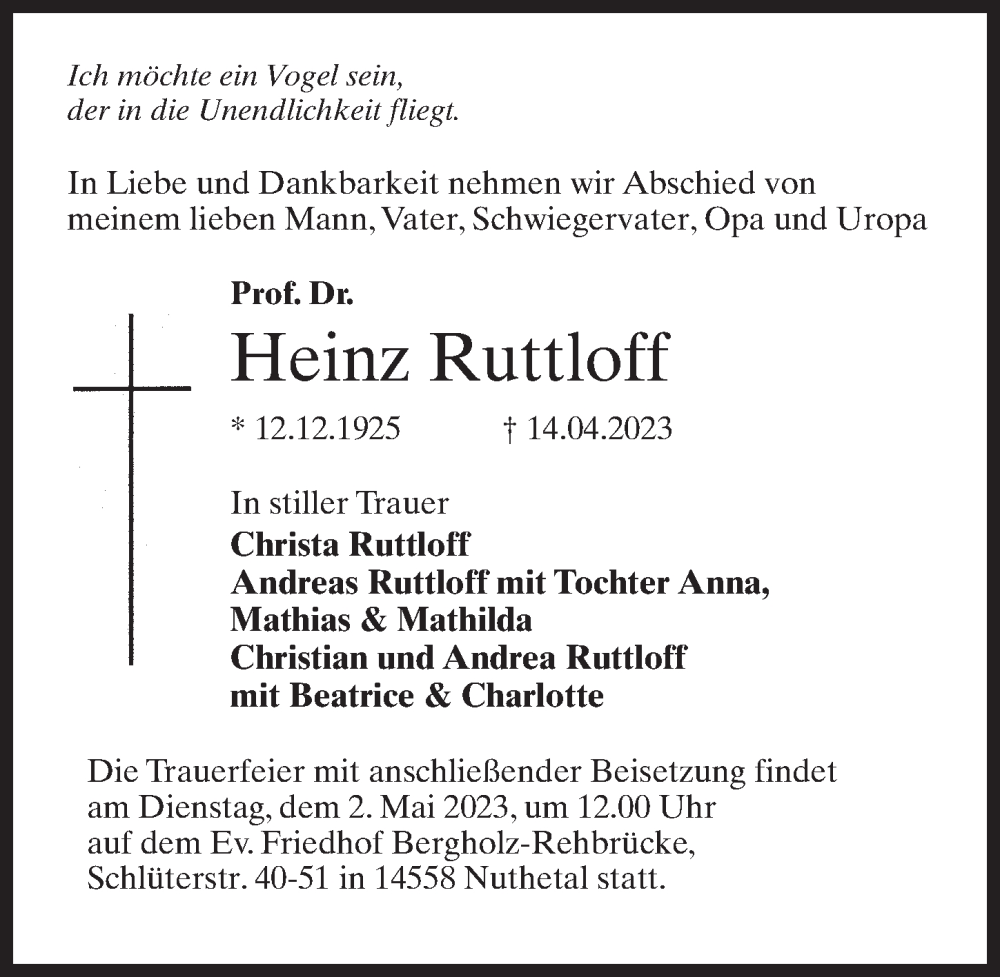  Traueranzeige für Heinz Ruttloff vom 22.04.2023 aus Märkischen Allgemeine Zeitung
