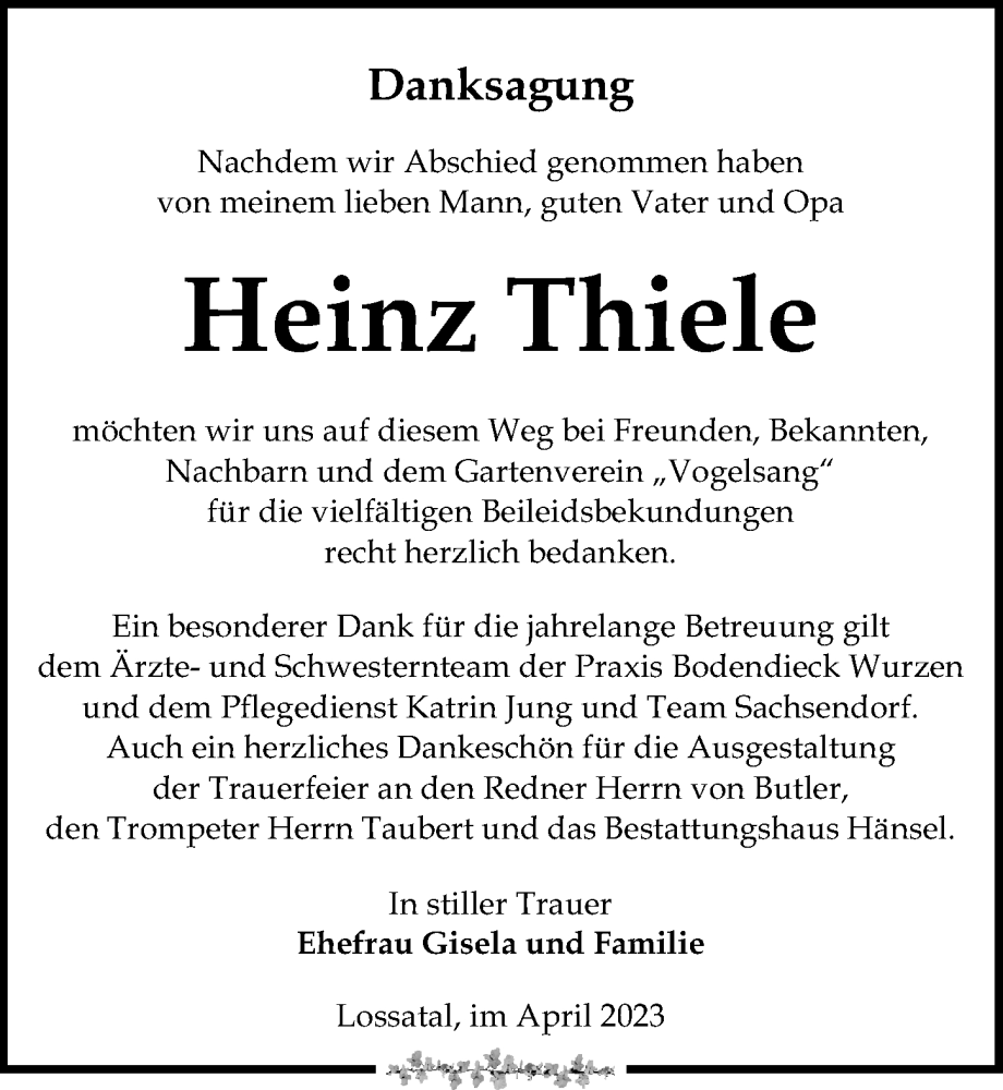  Traueranzeige für Heinz Thiele vom 22.04.2023 aus Leipziger Volkszeitung