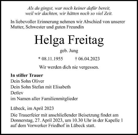 Traueranzeige von Helga Freitag von Lübecker Nachrichten