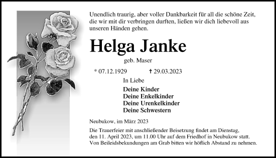 Traueranzeige von Helga Janke von Ostsee-Zeitung GmbH