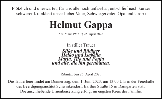 Traueranzeige von Helmut Gappa von Ostsee-Zeitung GmbH