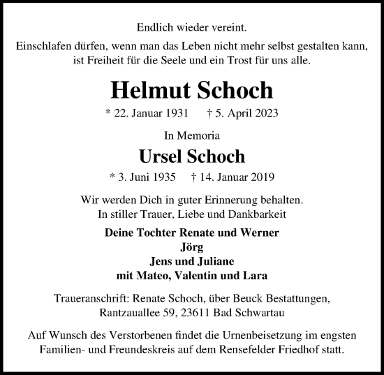 Traueranzeige von Helmut Schoch von Lübecker Nachrichten